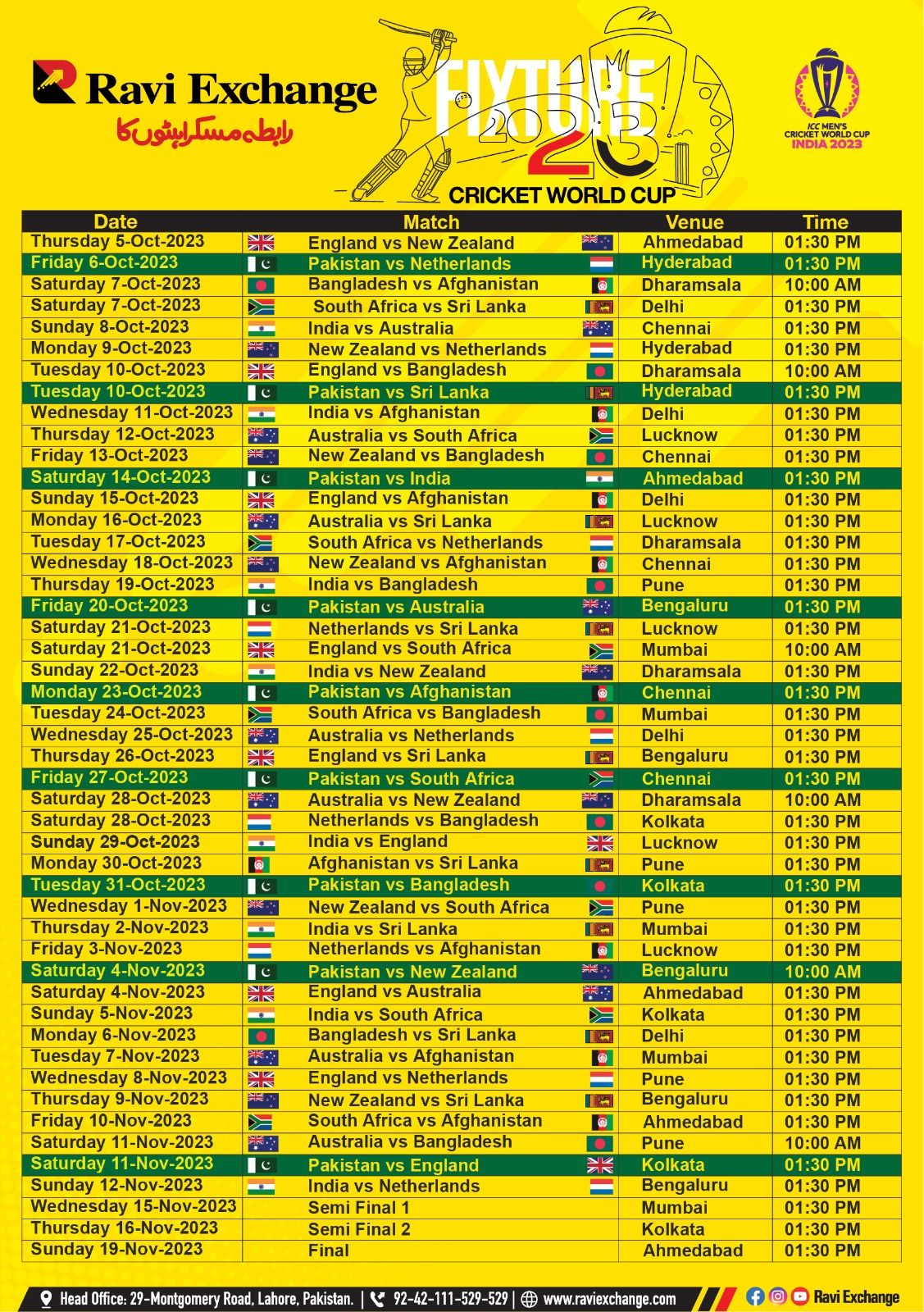 ODI Cricket World Cup 2023 Match Schedule